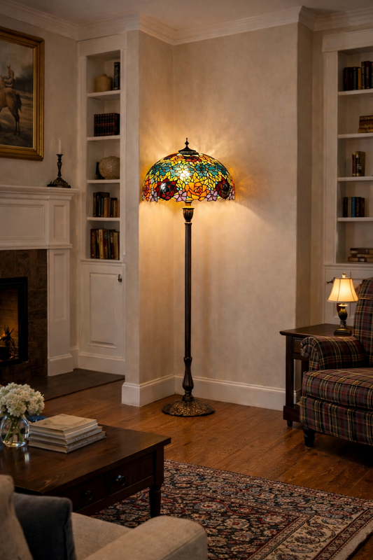 Gorgeous 18 inches wide "Garden Of Roses" Stained Glass Tiffany Floor Lamp