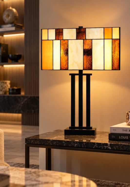 Large Modern Geometric Stained Glass Table Lamp – Amber Gold