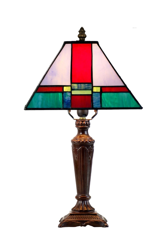 10" Mission Style Stained Glass Table Lamp - Vibrant Geometric Red & Green