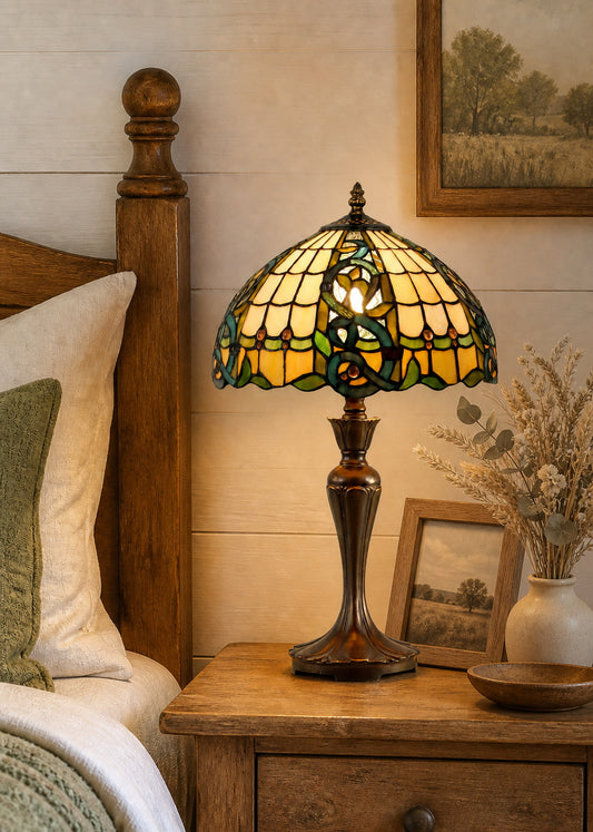 12" Leaf Ribbon Style Stained Glass Leadlight Tiffany Bedside Lamp