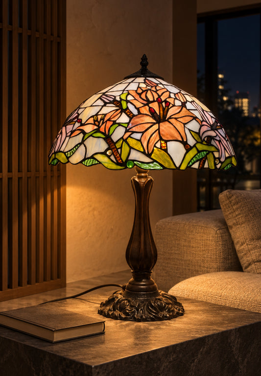 Large 16" Oriental Lily Style Stained Glass Leadlight Tiffany Table Lamp