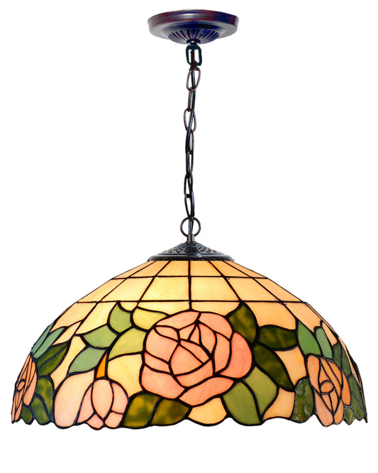 Large 16" Rose Style Tiffany Stained Glass Pendant Light
