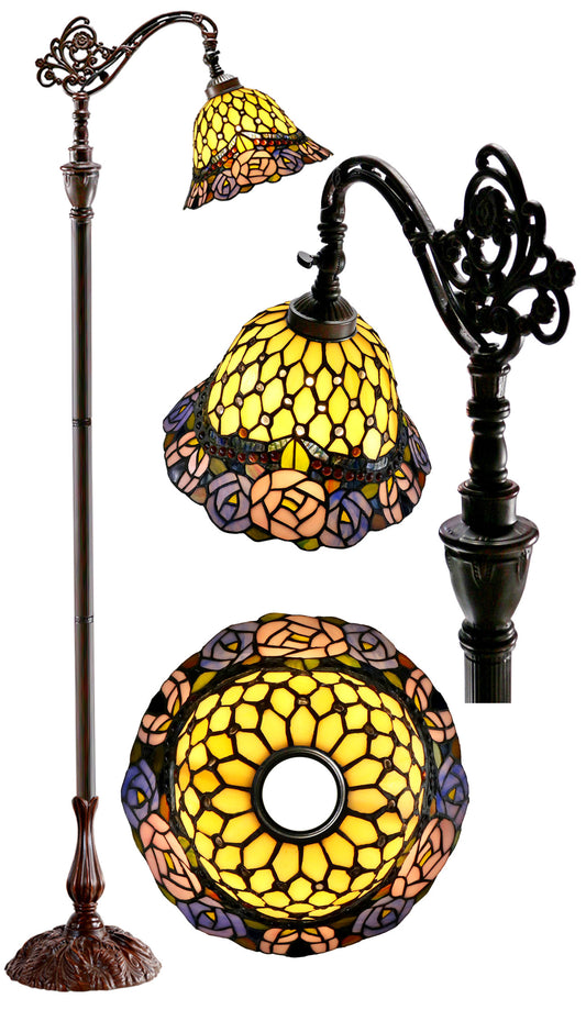 Jeweled Rose Leadlight Stained Glass Bridge Arm Tiffany Floor Lamp