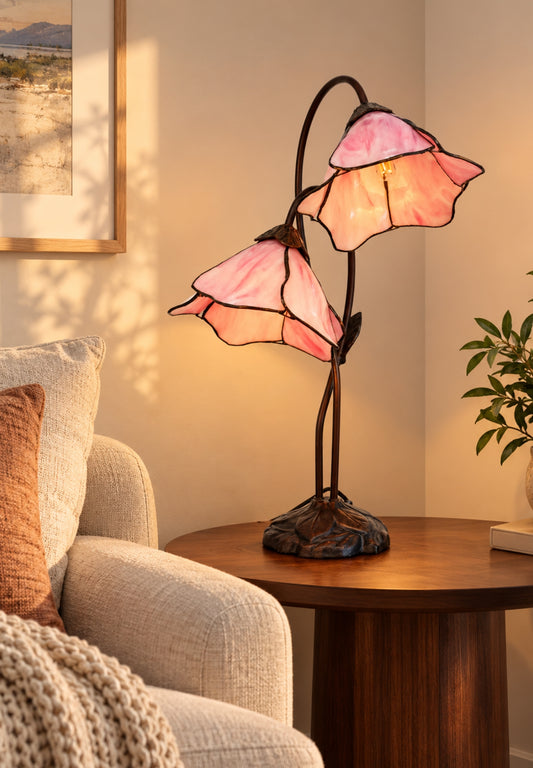 Double Lamp shade Flower Pink Water Lily Style Tiffany Table Lamp