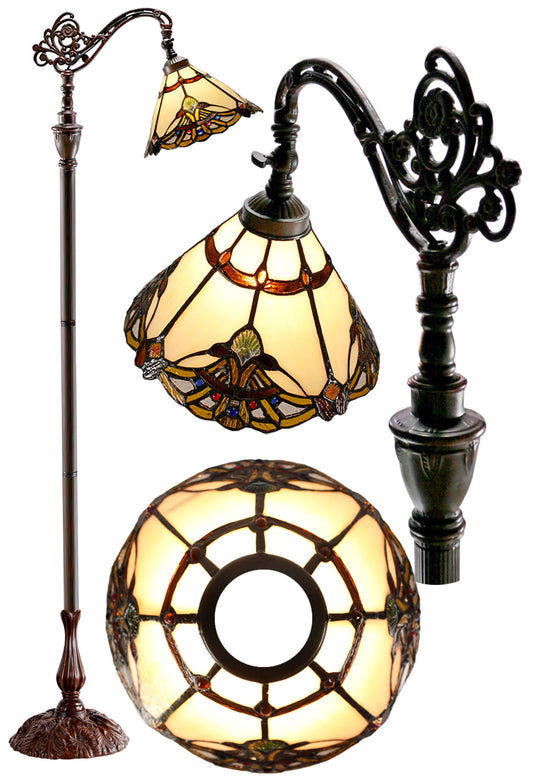 Beige Jewel Carousel Style Leadlight Stained Glass Bridge Arm Tiffany Floor Lamp