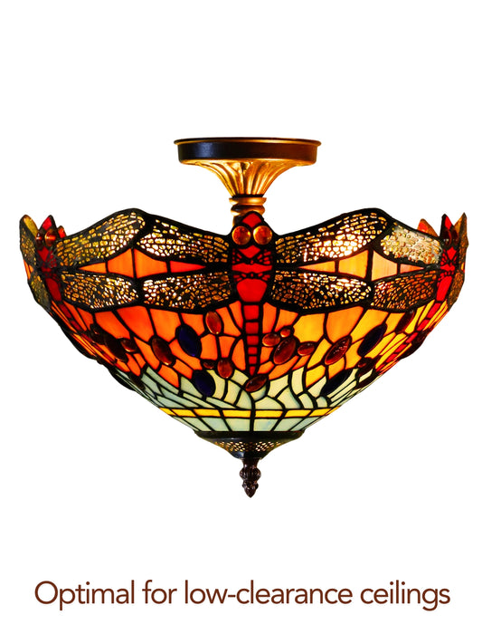 14" Red Dragonfly style Tiffany Uplighter Ceiling Light *Perfect for low ceilings