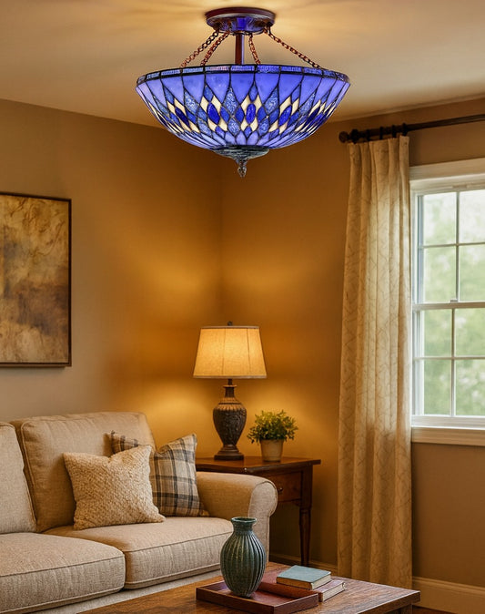 Large 16 inches Blue Tiffany Geometric Semi Flush Mount Ceiling Lights