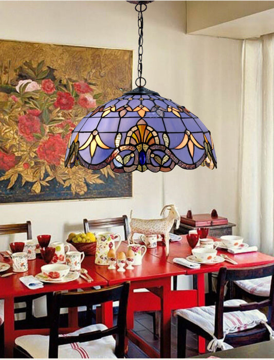 Large 16" Blue Baroque Style Leadlight Tiffany Pendant Light