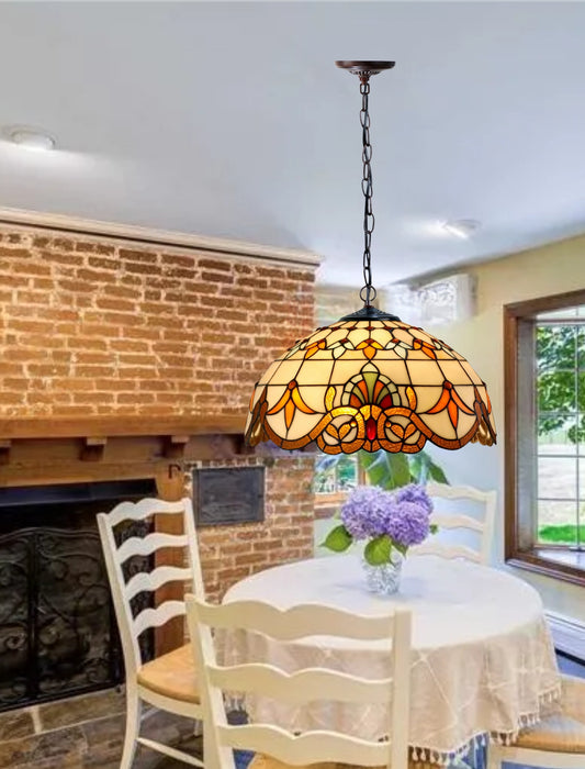 Large 16" Beige Baroque Style Leadlight Tiffany Pendant Light