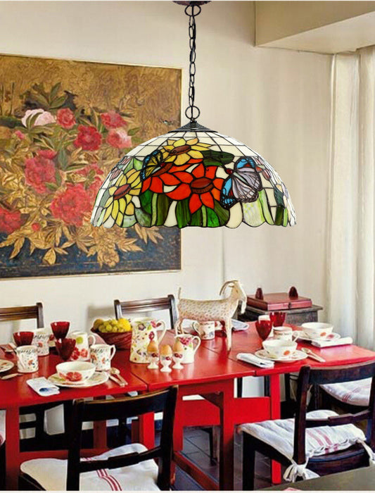 18" Butterfly sunflower Stained Glass Leadlight Tiffany Pendant Light