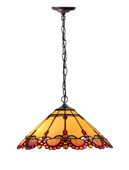 16" Tiffany Amber Stained Glass Pendant Light with ruby-red jewel accents