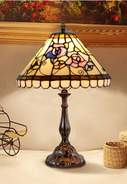 12" Tiffany Style Pink Rose Stained Glass Table Bedside Lamp