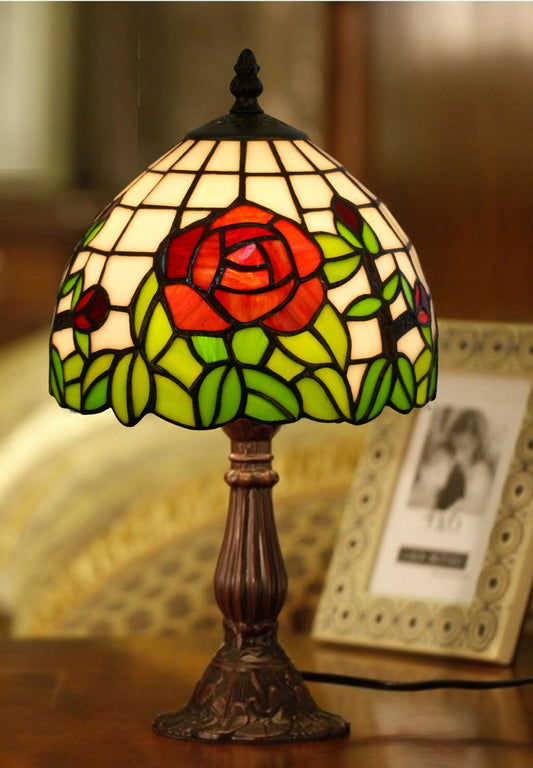 Elegant 8" Red Rose Style Tiffany Mini Table Lamp