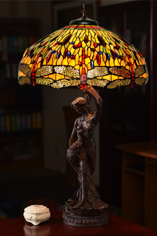 Huge 20" Dragonfly Stained Glass Tiffany Table Lamp with Lady peacock Base
