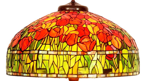Huge 20" Red Tulip Stained Glass Tiffany Table Lamp with Lady peacock Base