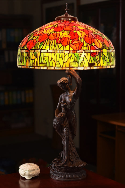 Huge 20" Red Tulip Stained Glass Tiffany Table Lamp with Lady peacock Base