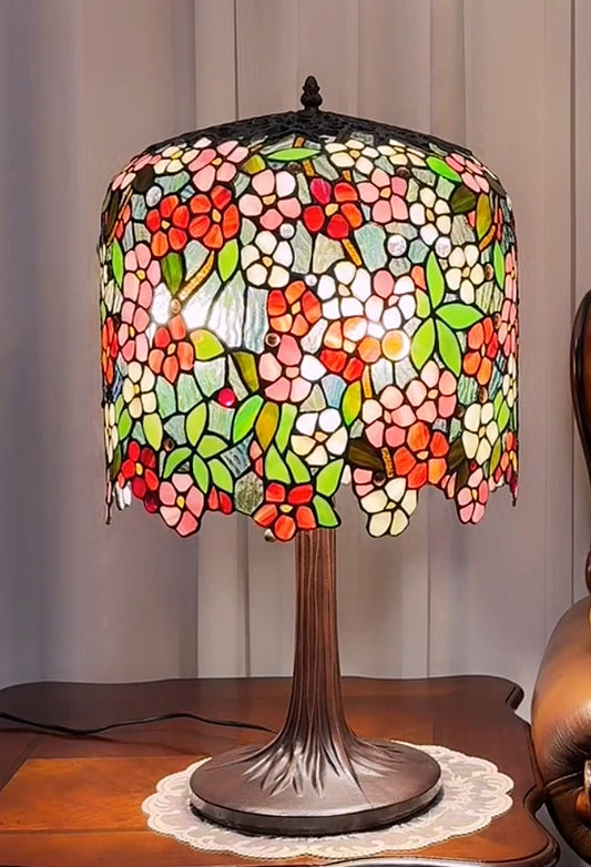 Museum Quality apple blossom Tiffany Stained Glass Table Lamp with Trunk Base