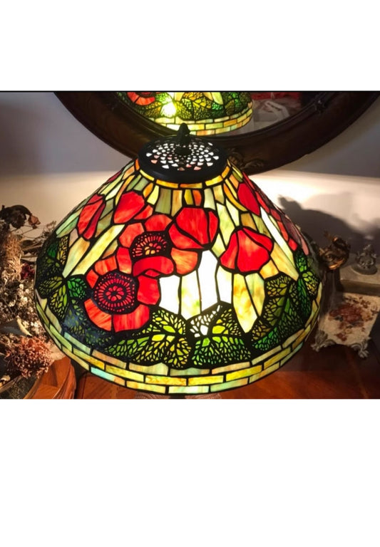 Legend Collection 16" Poppy Floral Tiffany Table Lamp with Green Uniqe Base
