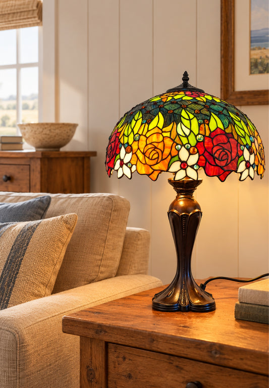 Premium 16" Rose Garden Stained Glass Tiffany Table Lamp
