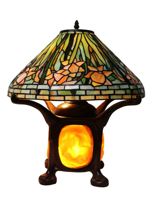 Legend Collection@Reproduction Tiffany Daffodil Flower Table Lamp With "Turtleback Tile" Lighted base