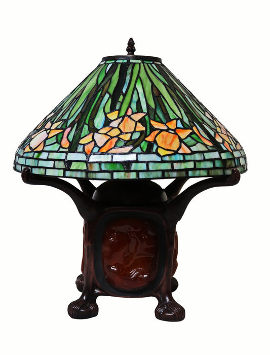 Legend Collection@Reproduction Tiffany Daffodil Flower Table Lamp With "Turtleback Tile" Lighted base