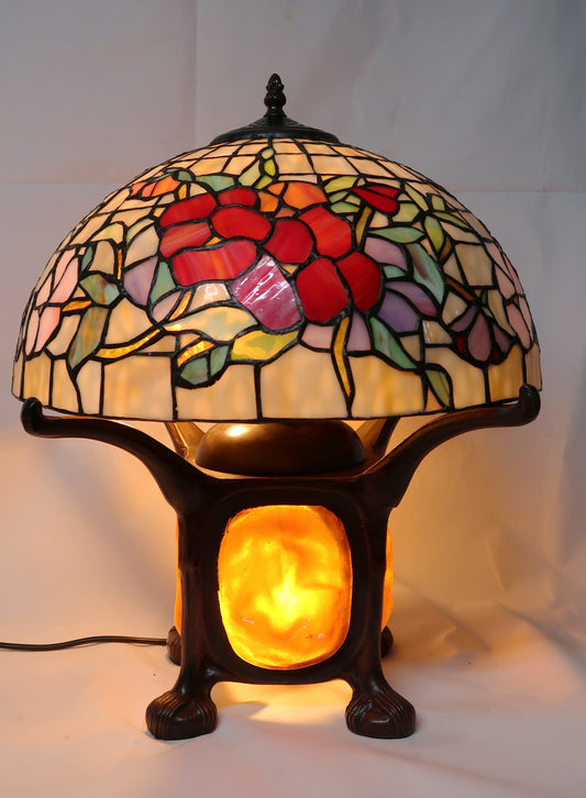 Legend Collection@Reproduction Tiffany Pansy Table Lamp With "Turtleback Tile" Lighted base