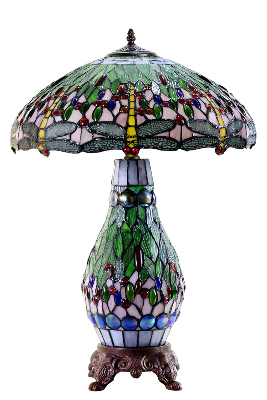 Large 18" Green Traditional Dragonfly Tiffany Table Lamp with Lighted Base