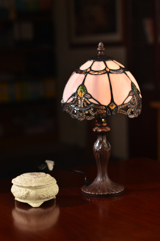 Lavender Pink Stunning 8" Rococo Style curved Glass Tiffany Mini Lamp