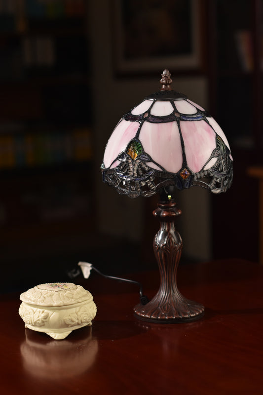 Lavender Pink Stunning 8" Rococo Style curved Glass Tiffany Mini Lamp