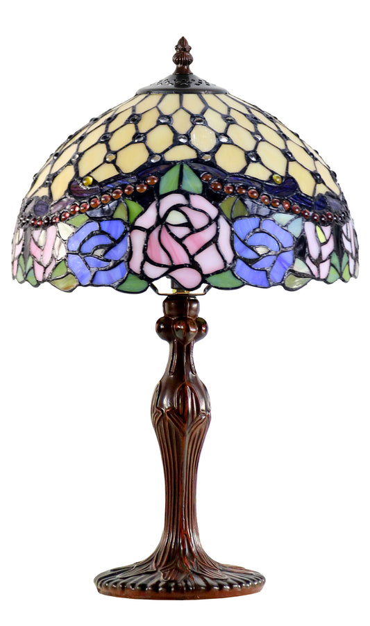 12" Jeweled Rose Style Leadlight Stained Glass Tiffany Bedside Lamp