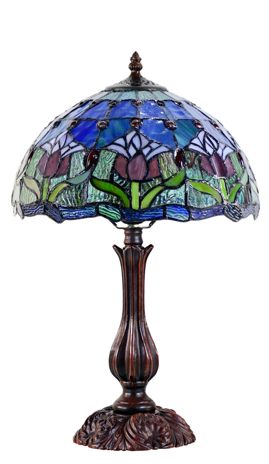 12" Blue Colonial Tulip Style Tiffany Bedside Lamp