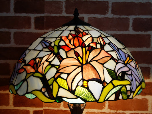 Large 16" Oriental Lily Style Stained Glass Leadlight Tiffany Table Lamp