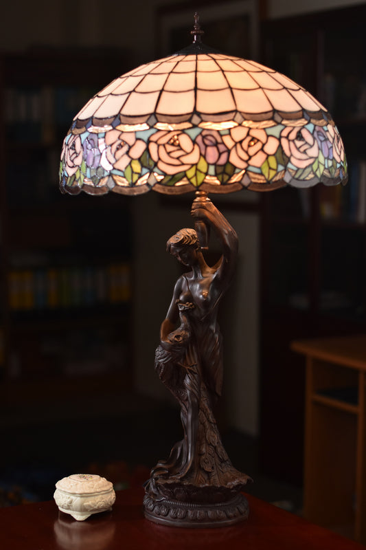 Huge 20" Chandell Rose Stained Glass Tiffany Table Lamp with Lady peacock Base