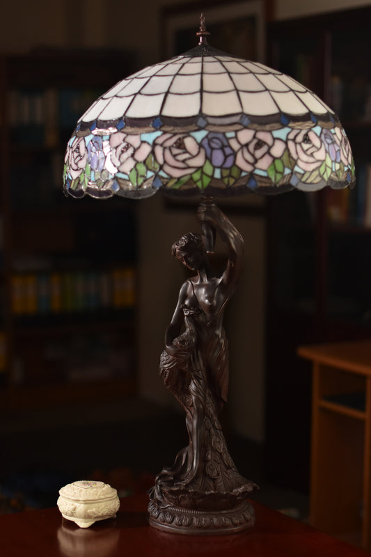 Huge 20" Chandell Rose Stained Glass Tiffany Table Lamp with Lady peacock Base