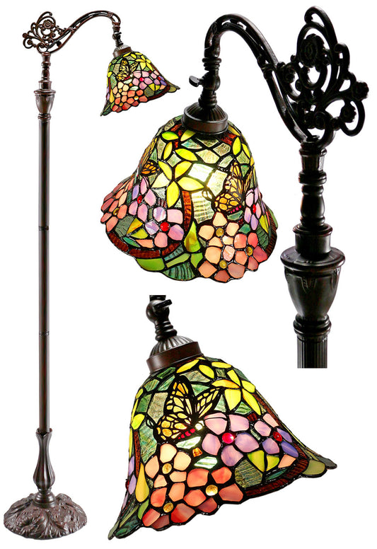 Vivid Buterfly Leadlight Stained Glass Bridge Arm Tiffany Floor Lamp