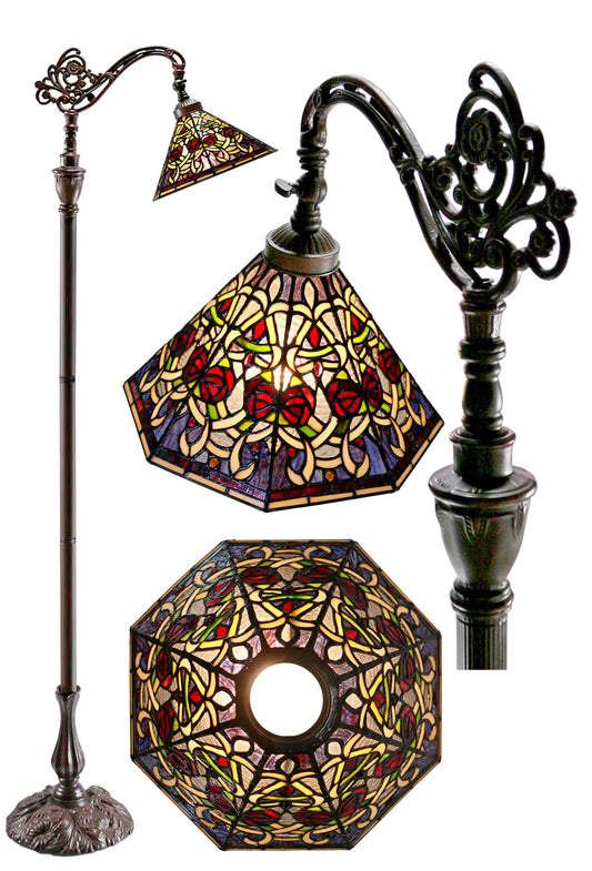 Amazing octagonal shade Leadlight Stained Glass Bridge Arm Tiffany Floor Lamp