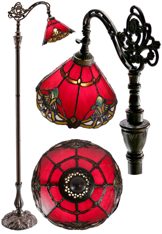 Red Jewel Carousel Style Leadlight Stained Glass Bridge Arm Tiffany Floor Lamp