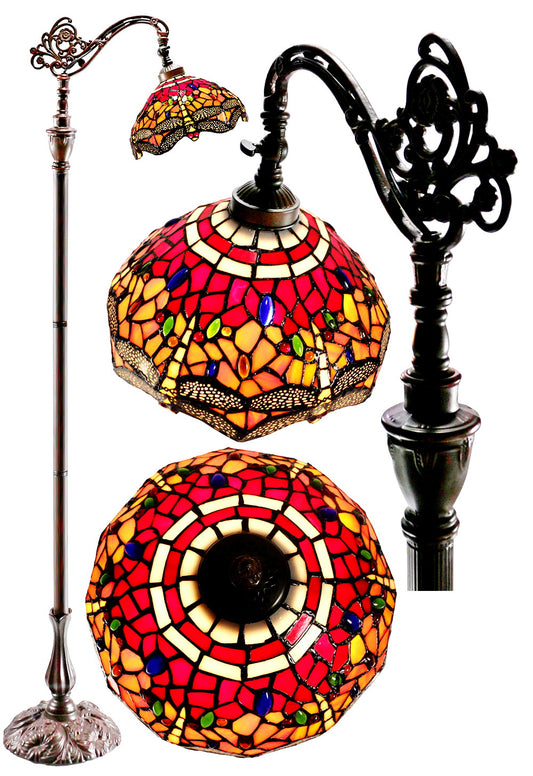Red Dragonfly Style Leadlight Stained Glass Bridge Arm Tiffany Floor Lamp