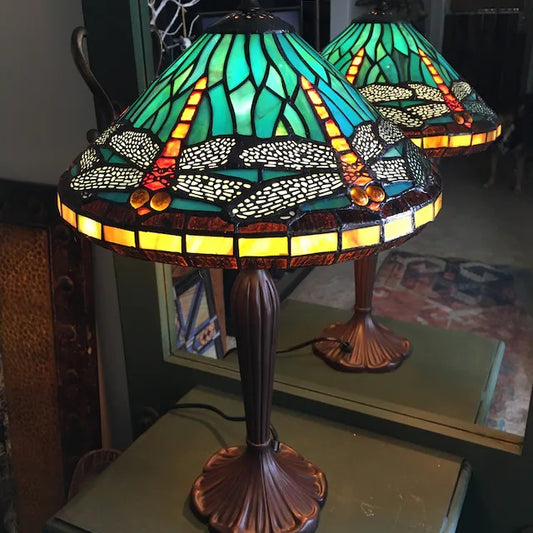 12" Sky Blue Red Dragonfly Style Tiffany Bedside Lamp