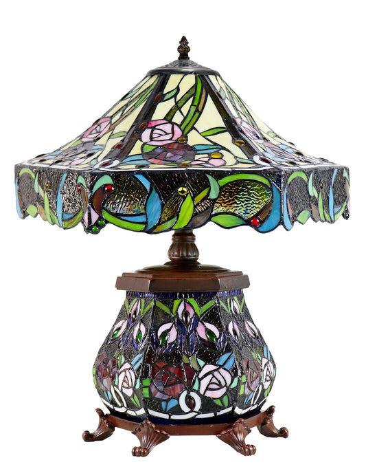 Large 18" Amazing Rose Flower Leaf Tiffany Table Lamp with Lighted Base