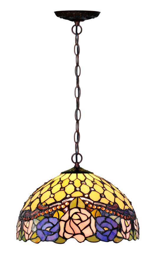 12" Jeweled Rose Style Stained Glass Tiffany Pendant Light