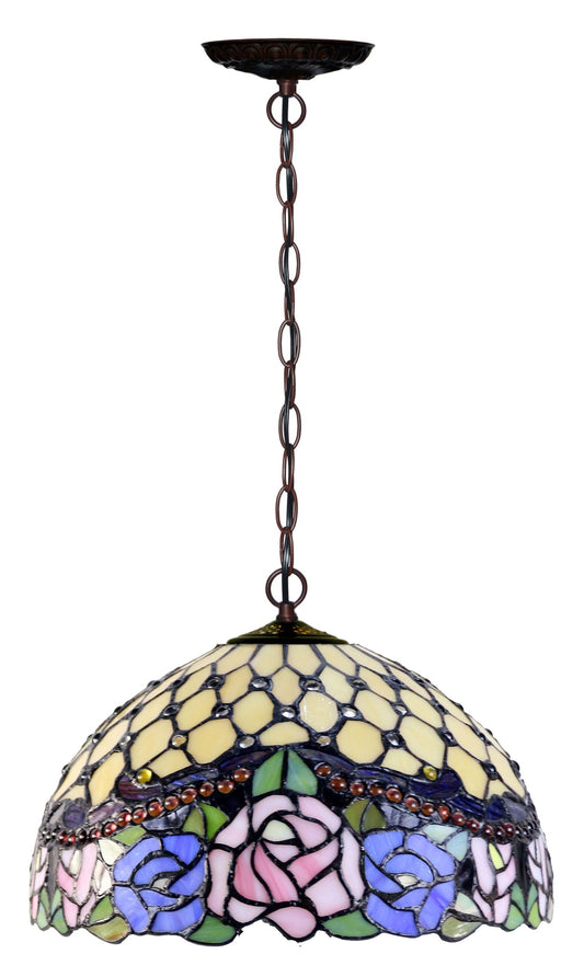 12" Jeweled Rose Style Stained Glass Tiffany Pendant Light