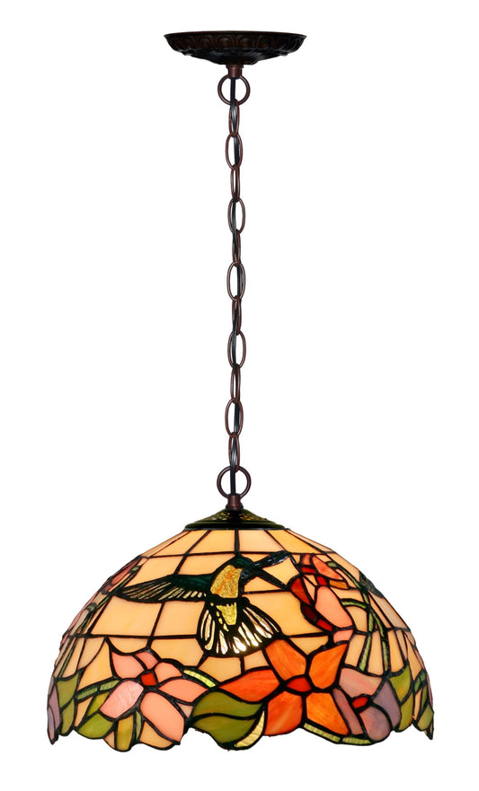 12" Hummingbird Style Floral Stained Glass Tiffany Pendant Light