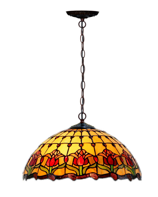 17" Red Colonial Tulip Stained Glass Tiffany Pendant Light