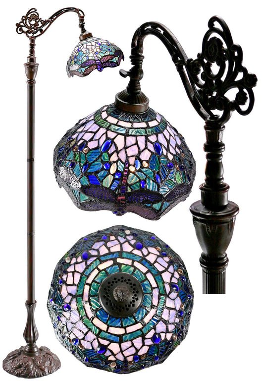 Blue Dragonfly Style Leadlight Stained Glass Bridge Arm Tiffany Floor Lamp