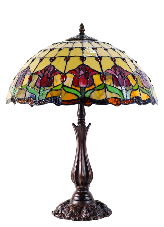 Large 17" Red Tulip Style Leadlight Stained Glass Tiffany Table Lamp