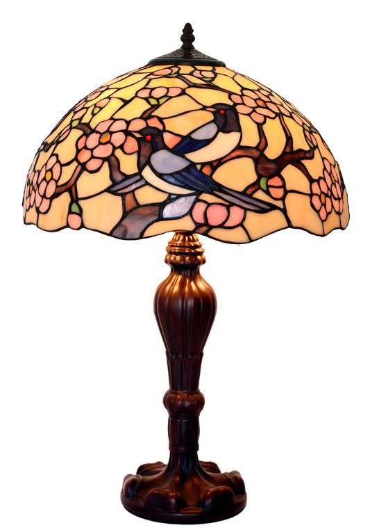 Large 16" Magpies Bird cherry blossom Stained Glass Tiffany Table Lamp