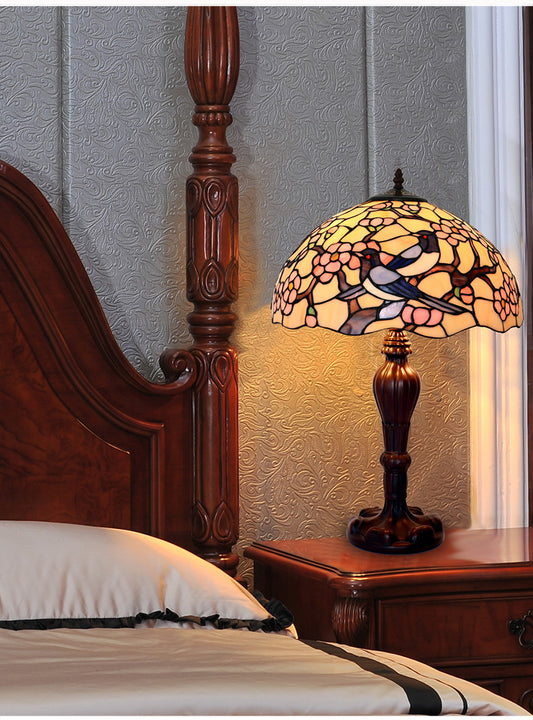 Large 16" Magpies Bird cherry blossom Stained Glass Tiffany Table Lamp