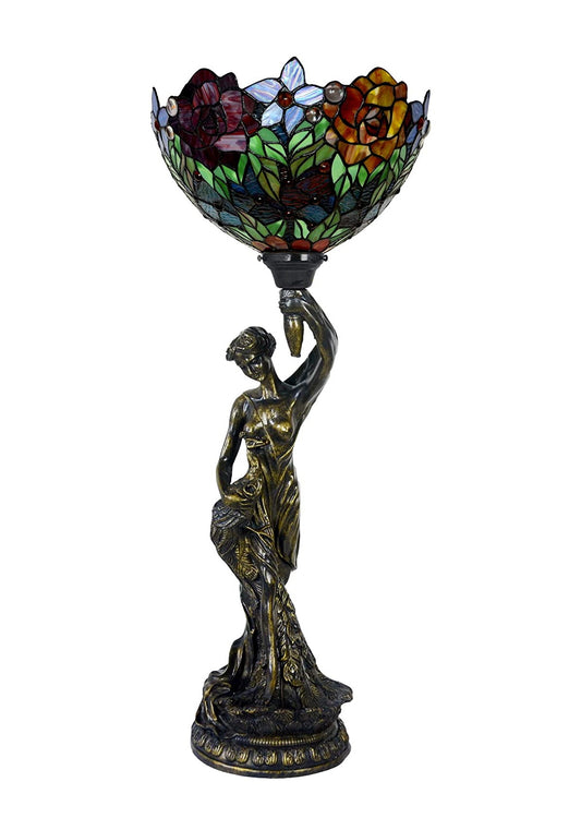 Art Deco Statue Of Liberty Torch Tiffany Stained Glass Red Rose Accent Table Lamp