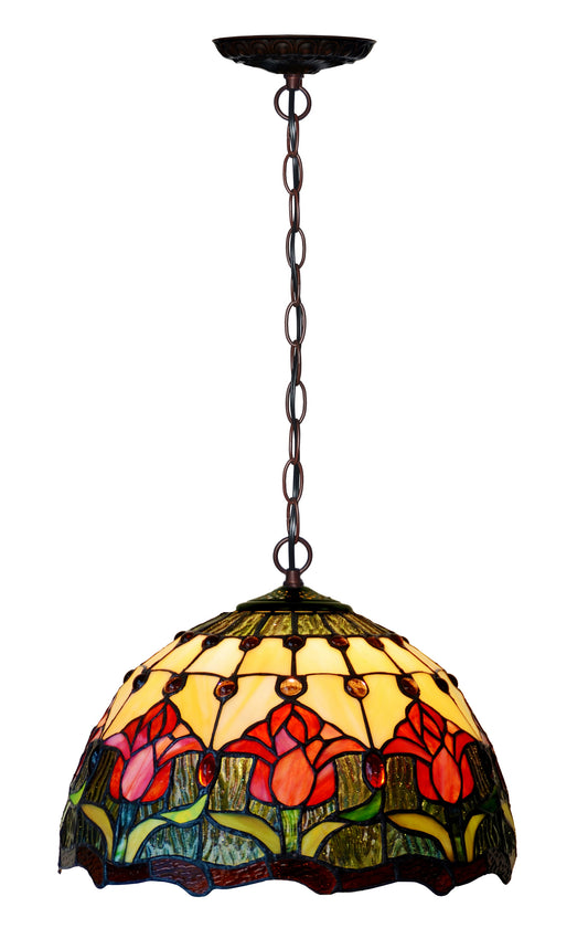 12" Red Tulip Theme Stained Glass Cafe Tiffany Hanging Light